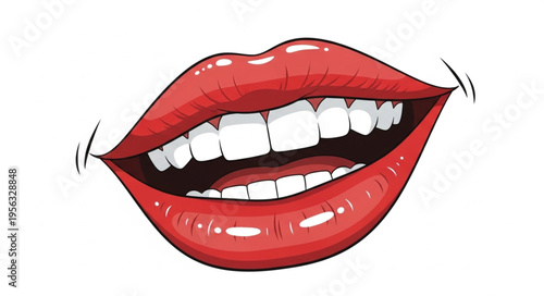 Illustration of a smiling mouth with bright red lips and white teeth.
