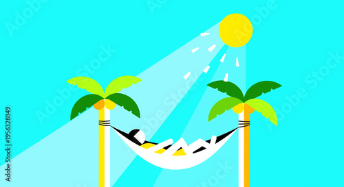 A person relaxes in a hammock between two palm trees under the sun, promoting health and leisure.