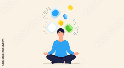 Person meditating with health and wellness symbols floating above