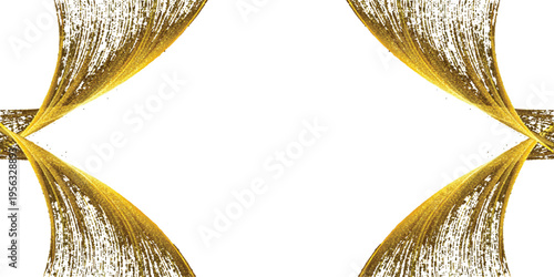 Explosion of liquid gold paint or oil in symmetrical funnel shapes against a clean white background, abstract background design, liquid splash