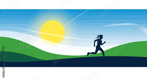 Person running for health on a sunny green hill landscape outdoors
