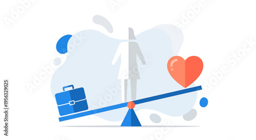 A person balances work and health on a seesaw with a briefcase and heart.
