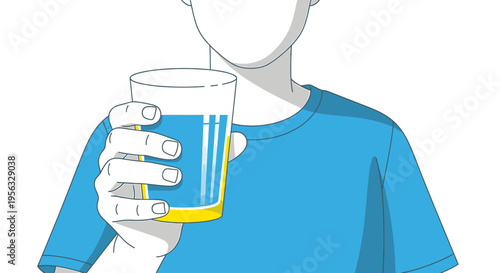 Person in blue shirt holding a glass of water for health benefits