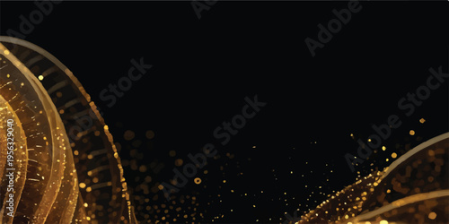 Bottom right view of abstract golden flowing waves made of sparkling glitter against a black backdrop, offering creative space, black background