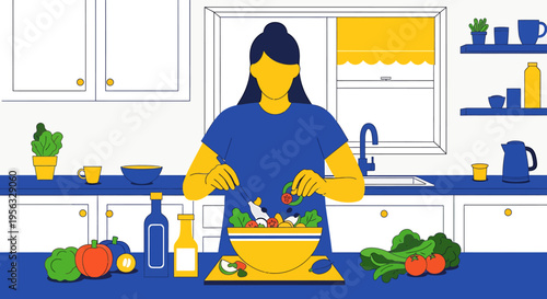Woman preparing healthy food in a kitchen for good nutrition and wellness