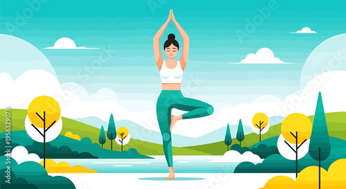 Serene woman practicing yoga in a natural outdoor setting for health and wellness.