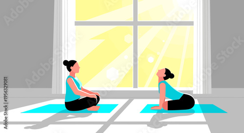 Two women practicing yoga on mats in a room with a sunny window for mental health
