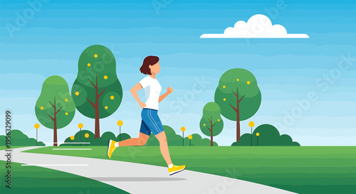 Man jogging on a winding path through a green park promoting health