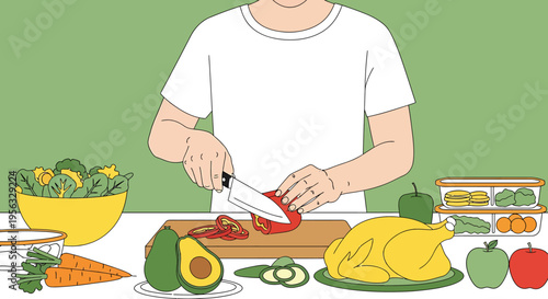 Person preparing healthy meal with various fruits and vegetables on table indoors