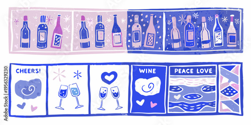Colorful illustration depicting wine bottles glasses and celebratory messages