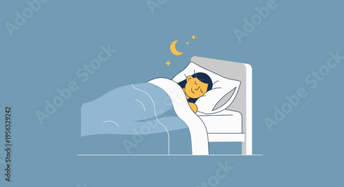 A person sleeps peacefully in bed promoting health and relaxation indoors at night.