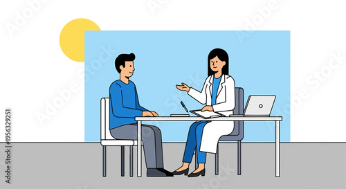 Doctor discussing health with patient in clinic office indoors