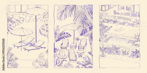 Triptych of poolside scenes with umbrellas and tropical foliage
