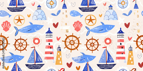 Playful nautical pattern with boats lighthouses and marine life