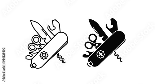 Vector illustration of swiss army knife icons set, multitool pocket knife with various tools on a transparent background