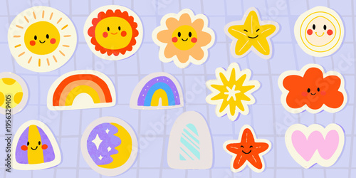 Cute pastel stickers featuring suns rainbows stars and other whimsical shapes