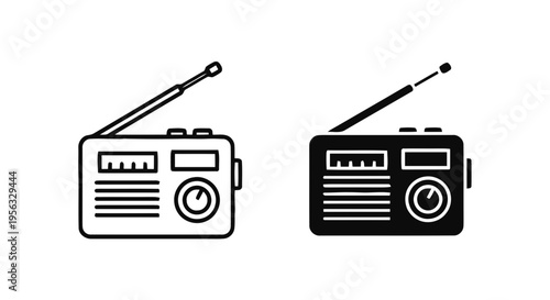 Vector illustration of radio icon set, vintage portable radio receiver with antenna on a transparent background