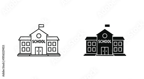 Vector illustration of school building icon set, linear and silhouette style on a transparent background