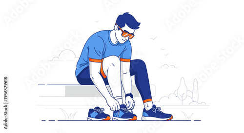 Man focuses on tying shoes for health fitness during morning jog preparation