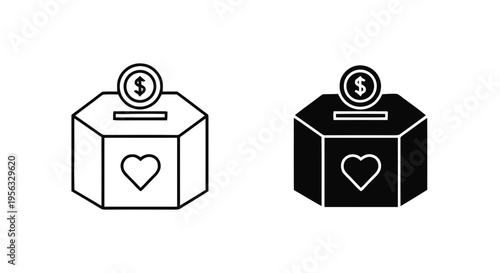 Vector illustration of donation box icon set, charity box with coin and heart symbol on a transparent background