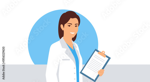 A female doctor in a white coat holds a clipboard in a health office setting.