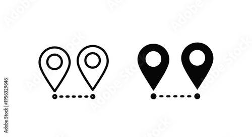 Vector illustration of map location pin icons showing distance between two points on a transparent background