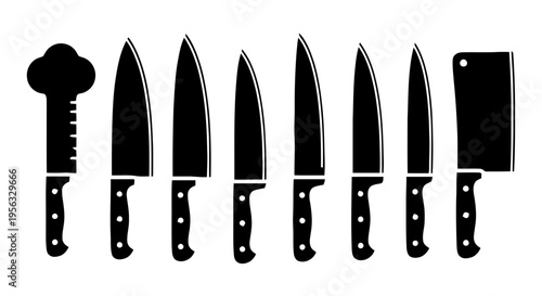 Vector illustration of set of kitchen knives silhouettes on a transparent background