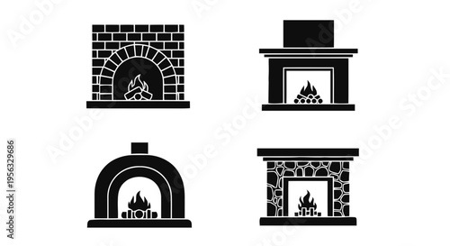 Vector illustration of set of various fireplace icons, including brick, stone, and modern designs on a transparent background