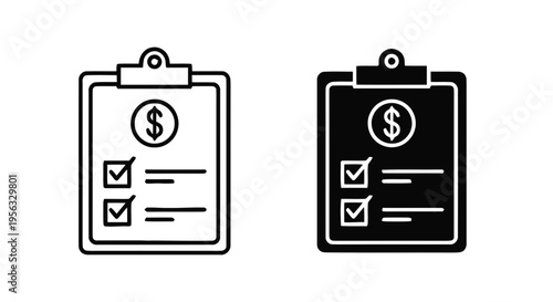 Vector illustration of financial checklist icon set, clipboard with dollar sign and check marks on a transparent background