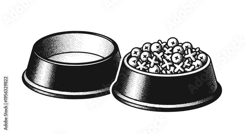 Vector illustration of stippled illustration of two pet bowls, one empty and one filled with food on a transparent background