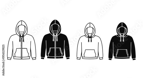 Vector illustration of set of hoodie icons, zipup and pullover sweatshirt vector illustrations on a transparent background