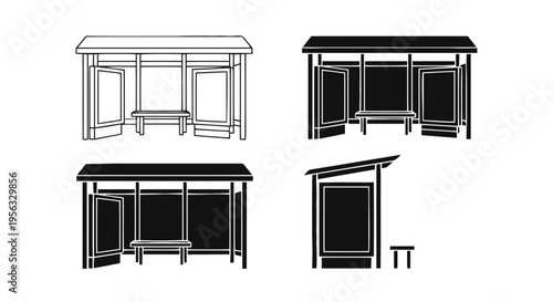 Vector illustration of set of bus stop icons, vector illustration of public transport shelters on a transparent background