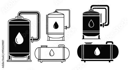Vector illustration of set of industrial oil tank icons, storage containers for fuel and liquid on a transparent background