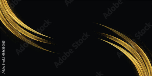 Golden abstract brush strokes with sparkling glitter on black, luxurious decorative background element, brush stroke