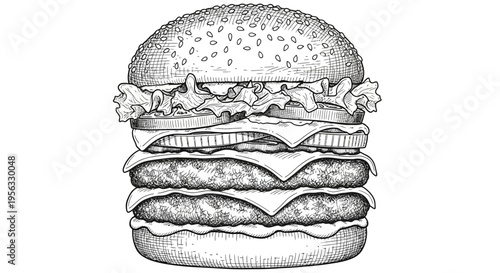 Detailed monochrome sketch of a mouthwatering, stacked burger, showcasing its savory layers of juicy patties, fresh vegetables, and melted cheese, perfect for food-related designs