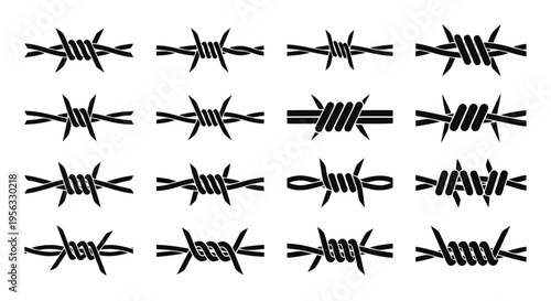 Vector illustration of set of barbed wire icons, different styles of wire fencing on a transparent background
