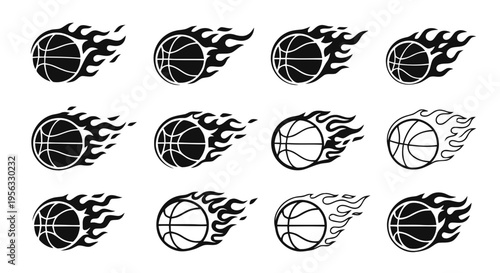 Vector illustration of set of flaming basketball icons, vector illustration on a transparent background
