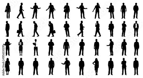 Diverse collection of human silhouettes, men and women in various poses, perfect for graphic design, architectural visualization, and modern vector art