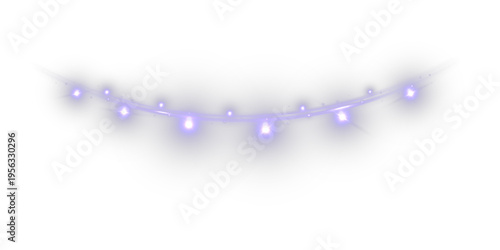 Soft purple glowing garland string with small lights and sparkles arranged in a gentle curve, festive decorative illumination isolated on light background.
