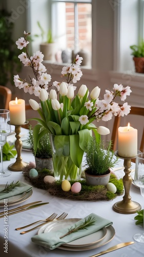 Easter table setting with white tulips and candles