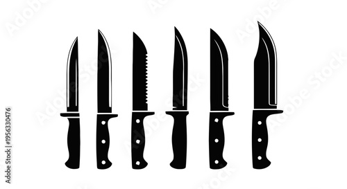 Vector illustration of set of different survival knives silhouettes on a transparent background