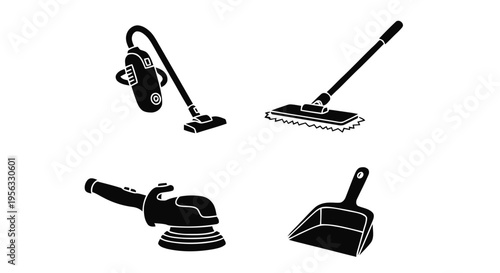 Vector illustration of set of cleaning equipment icons including vacuum cleaner, mop, and dustpan on a transparent background