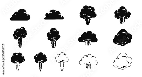 Vector illustration of set of various cloud and explosion icons on a transparent background