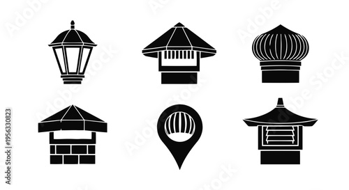 Vector illustration of set of chimney caps and roof vents icons on a transparent background