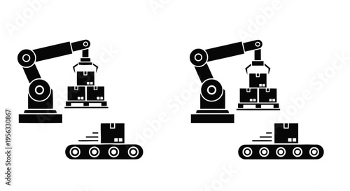 Vector illustration of industrial robotic arm stacking boxes on a pallet from a conveyor belt on a transparent background