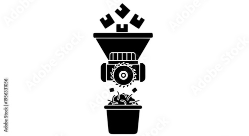 Vector illustration of industrial shredder machine processing cardboard boxes into recycled waste on a transparent background