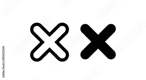 Vector illustration of set of two cross icons, one outlined and one filled on a transparent background