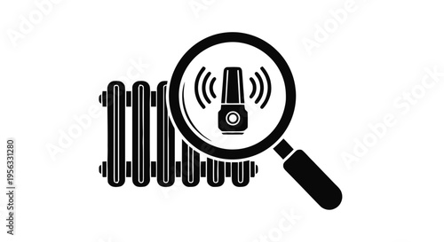 Vector illustration of smart radiator thermostat icon, magnifying glass scanning heating device on a transparent background