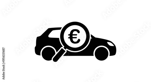 Vector illustration of car valuation icon with euro sign and magnifying glass on a transparent background
