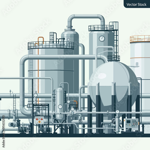 Complex industrial facility with large spherical tanks, intricate piping, and distillation columns, representing heavy industry and chemical processing.